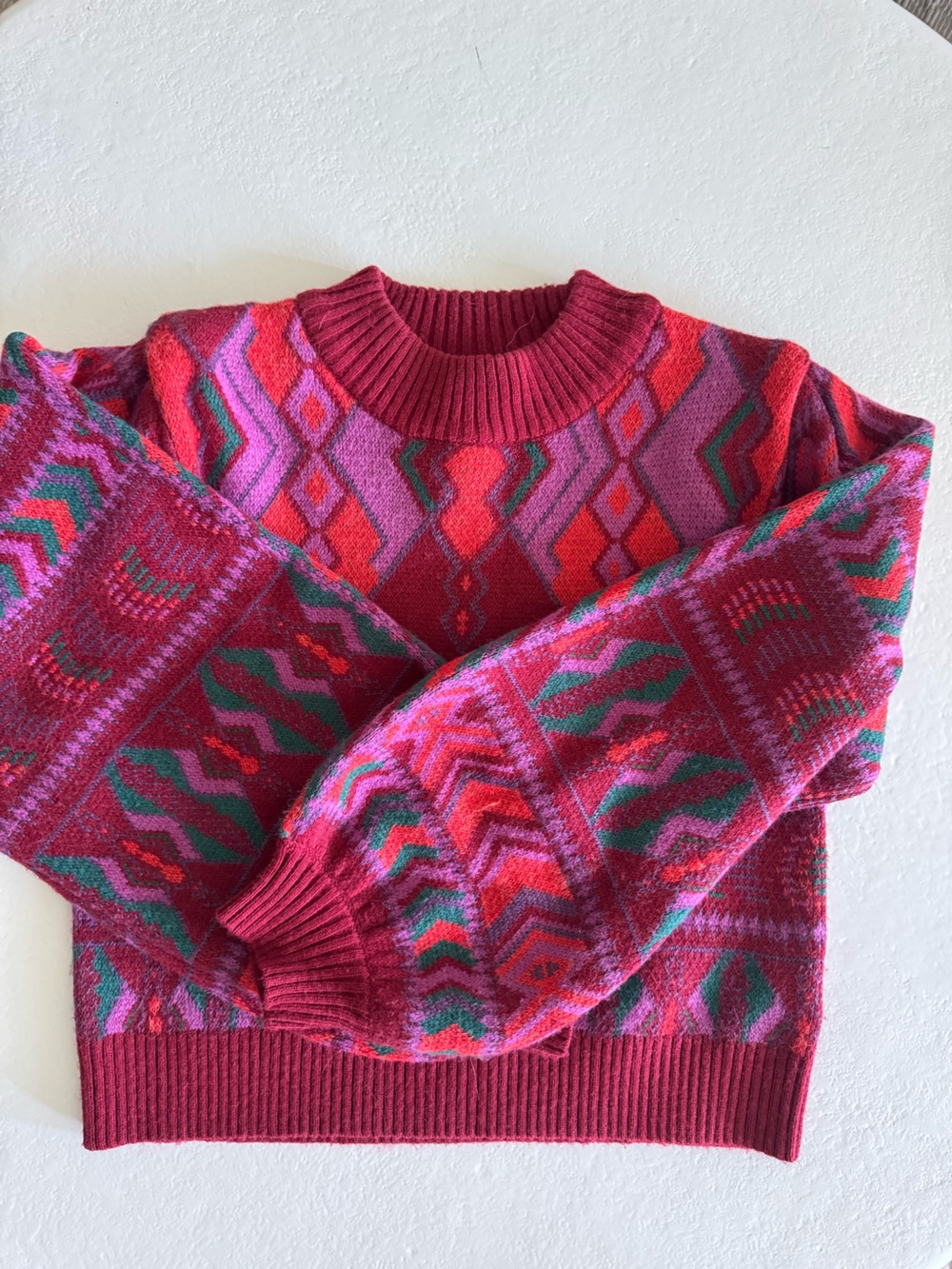 FARM Rio Burgundy Red Pink & Green Geometric Knit Sweater